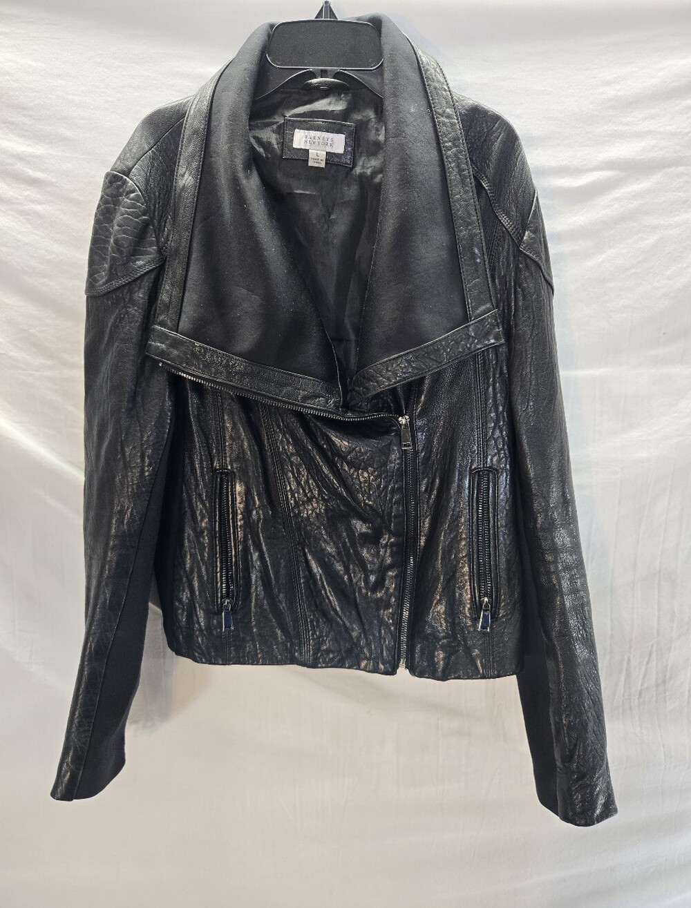 Barney's New York Women's Large Black Asymmetrical Distressed Leather Jacket
